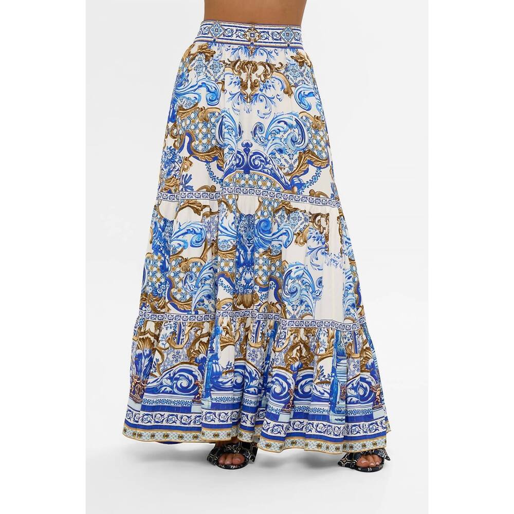NEW CAMILLA high waisted tiered skirt in azul adventures